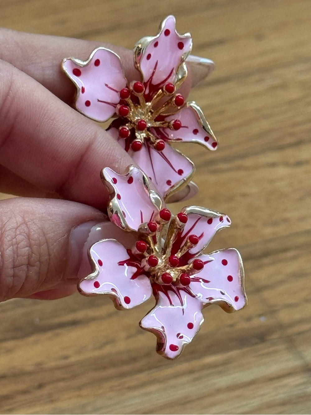 Zara Pink Enamel Floral Drop Earrings with Gold Trim